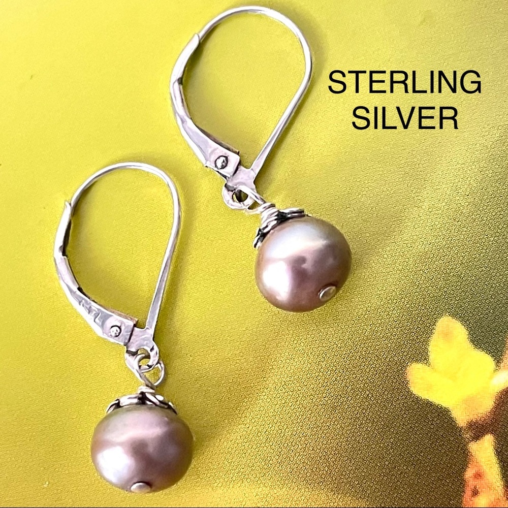 GRAY PURPLE PEARL DROP DANGLE WOMANS EARRINGS 925 STERLING SILVER FANCY LUXURY